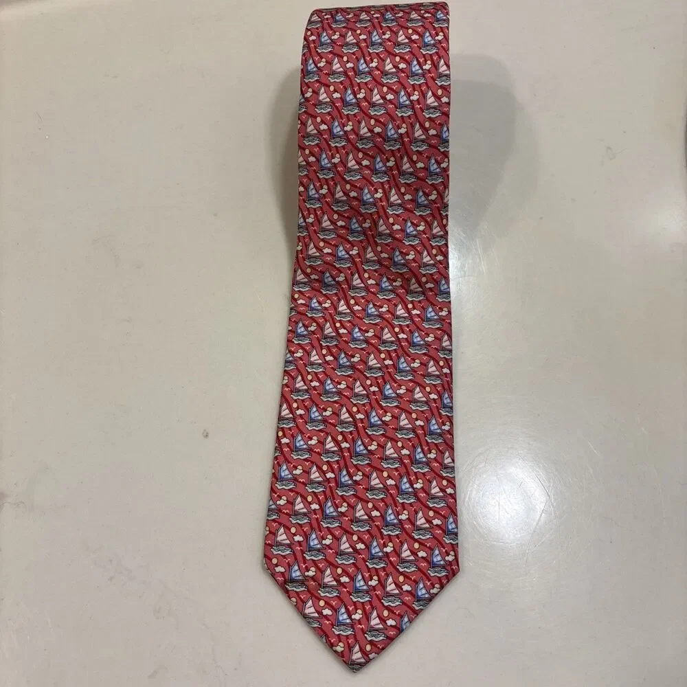 Vineyard Vines Sailboat Men's Silk Tie Red Multicolor Preppy Nautical Coastal